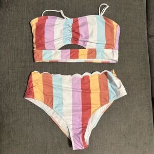 Striped Bikini Set with Scalloped Edges